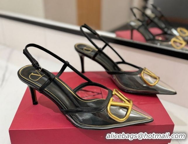 Grade Quality Valentino VLogo Signature Slingback Pumps 8cm in PVC and Calfskin Black VA082105