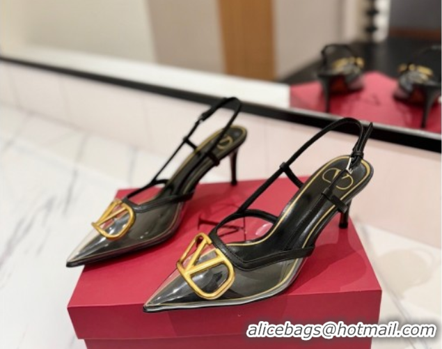 Grade Quality Valentino VLogo Signature Slingback Pumps 8cm in PVC and Calfskin Black VA082105