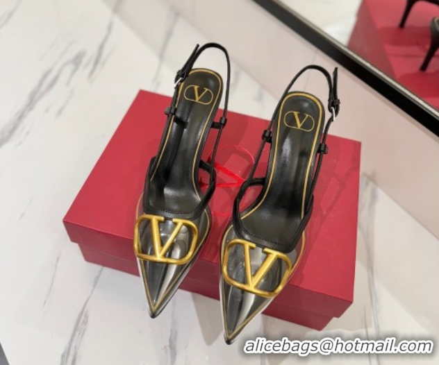 Grade Quality Valentino VLogo Signature Slingback Pumps 8cm in PVC and Calfskin Black VA082105
