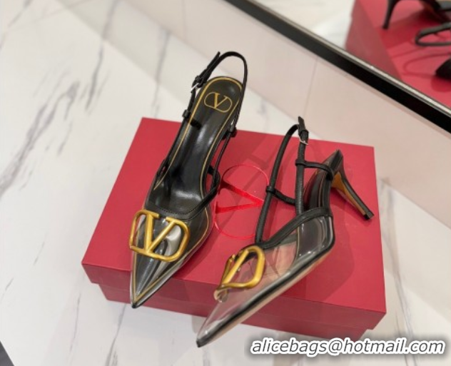 Grade Quality Valentino VLogo Signature Slingback Pumps 8cm in PVC and Calfskin Black VA082105