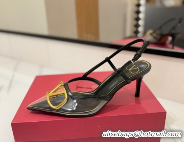 Grade Quality Valentino VLogo Signature Slingback Pumps 8cm in PVC and Calfskin Black VA082105