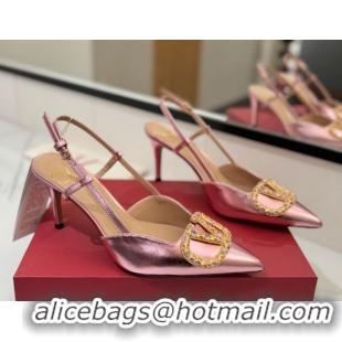 Stylish Valentino VLogo Signature Slingback Pumps 8cm in Calfskin with Strass Metallic Pink VA082109