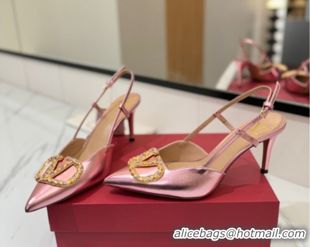 Stylish Valentino VLogo Signature Slingback Pumps 8cm in Calfskin with Strass Metallic Pink VA082109