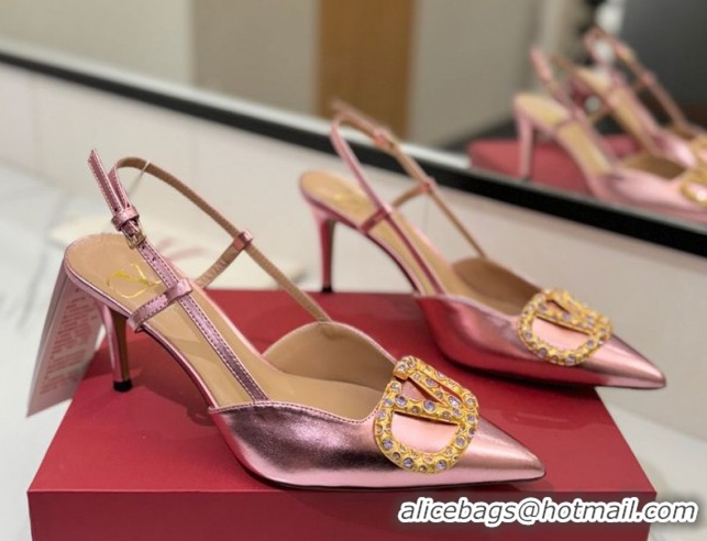 Stylish Valentino VLogo Signature Slingback Pumps 8cm in Calfskin with Strass Metallic Pink VA082109