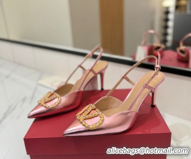 Stylish Valentino VLogo Signature Slingback Pumps 8cm in Calfskin with Strass Metallic Pink VA082109