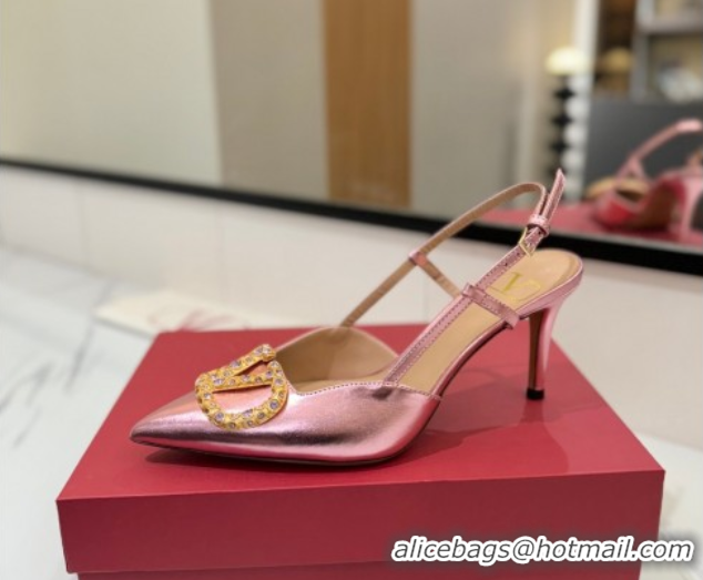 Stylish Valentino VLogo Signature Slingback Pumps 8cm in Calfskin with Strass Metallic Pink VA082109