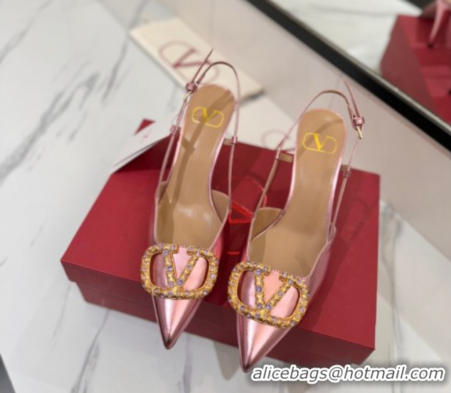 Stylish Valentino VLogo Signature Slingback Pumps 8cm in Calfskin with Strass Metallic Pink VA082109