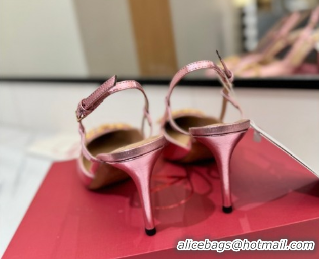 Stylish Valentino VLogo Signature Slingback Pumps 8cm in Calfskin with Strass Metallic Pink VA082109