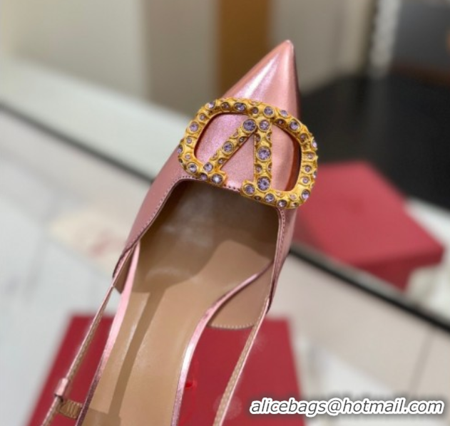 Stylish Valentino VLogo Signature Slingback Pumps 8cm in Calfskin with Strass Metallic Pink VA082109