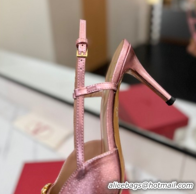 Stylish Valentino VLogo Signature Slingback Pumps 8cm in Calfskin with Strass Metallic Pink VA082109