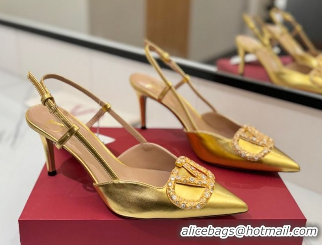 Sumptuous Valentino VLogo Signature Slingback Pumps 8cm in Calfskin with Strass Gold 2025 VA082109