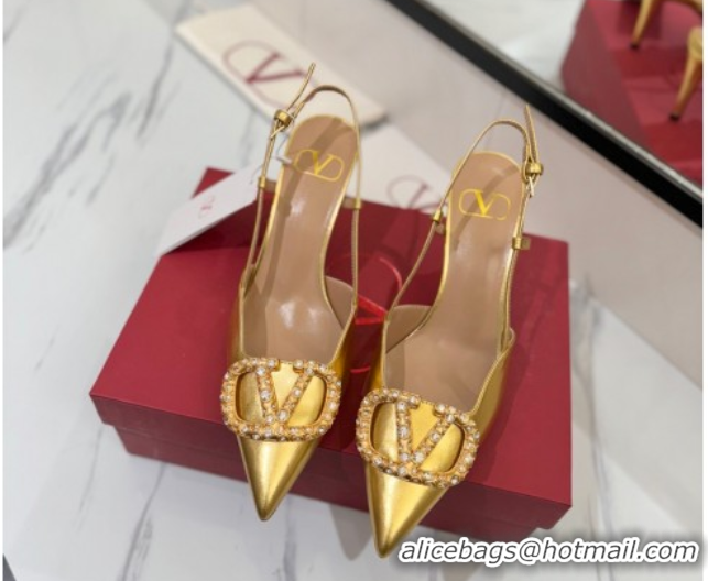 Sumptuous Valentino VLogo Signature Slingback Pumps 8cm in Calfskin with Strass Gold 2025 VA082109