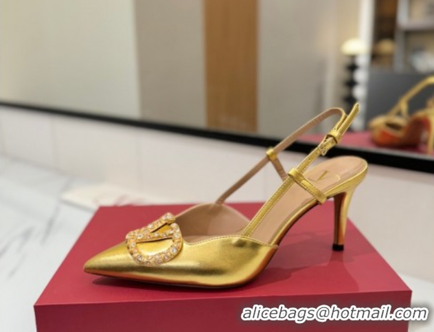 Sumptuous Valentino VLogo Signature Slingback Pumps 8cm in Calfskin with Strass Gold 2025 VA082109