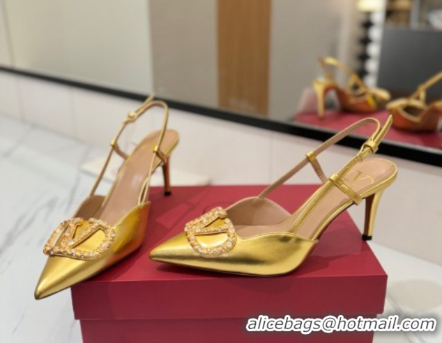 Sumptuous Valentino VLogo Signature Slingback Pumps 8cm in Calfskin with Strass Gold 2025 VA082109