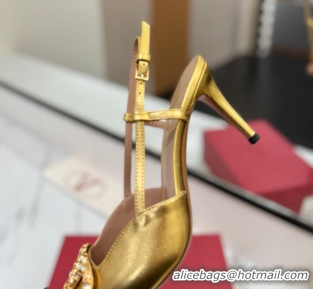 Sumptuous Valentino VLogo Signature Slingback Pumps 8cm in Calfskin with Strass Gold 2025 VA082109