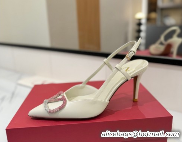 Pretty Style Valentino VLogo Signature Slingback Pumps 8cm in Calfskin with Strass White/Multi VA082109