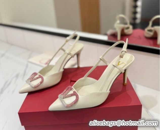 Pretty Style Valentino VLogo Signature Slingback Pumps 8cm in Calfskin with Strass White/Multi VA082109
