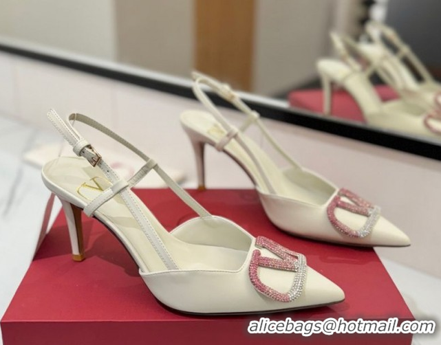 Pretty Style Valentino VLogo Signature Slingback Pumps 8cm in Calfskin with Strass White/Multi VA082109