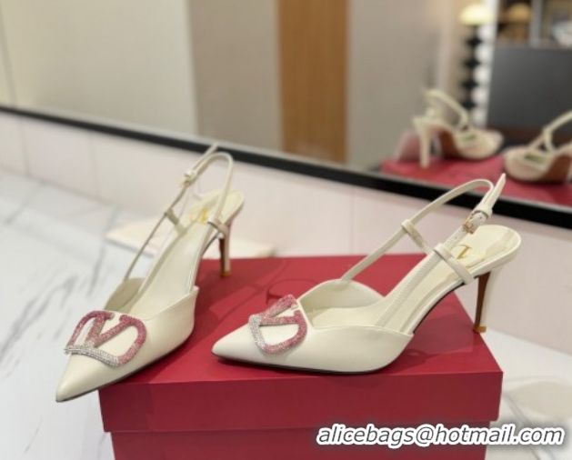 Pretty Style Valentino VLogo Signature Slingback Pumps 8cm in Calfskin with Strass White/Multi VA082109