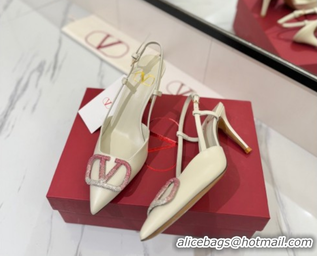 Pretty Style Valentino VLogo Signature Slingback Pumps 8cm in Calfskin with Strass White/Multi VA082109
