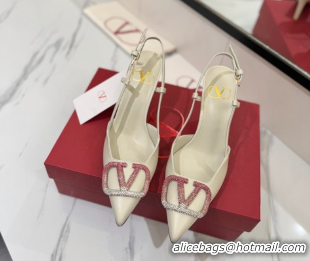 Pretty Style Valentino VLogo Signature Slingback Pumps 8cm in Calfskin with Strass White/Multi VA082109