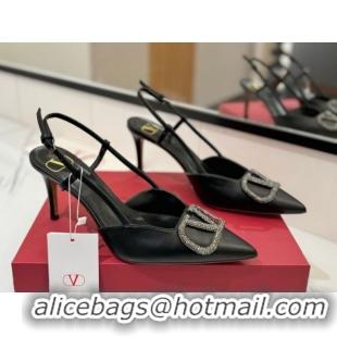 Buy Luxury Valentino VLogo Signature Slingback Pumps 8cm in Calfskin with Strass Black/Grey 2025 VA082109