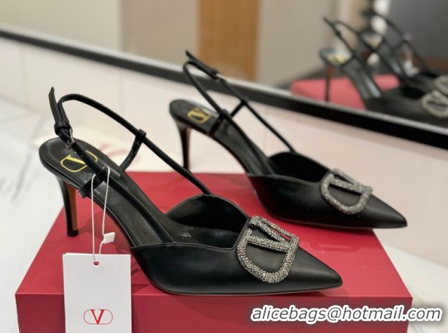 Buy Luxury Valentino VLogo Signature Slingback Pumps 8cm in Calfskin with Strass Black/Grey 2025 VA082109