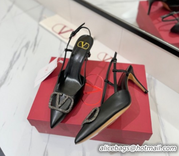 Buy Luxury Valentino VLogo Signature Slingback Pumps 8cm in Calfskin with Strass Black/Grey 2025 VA082109