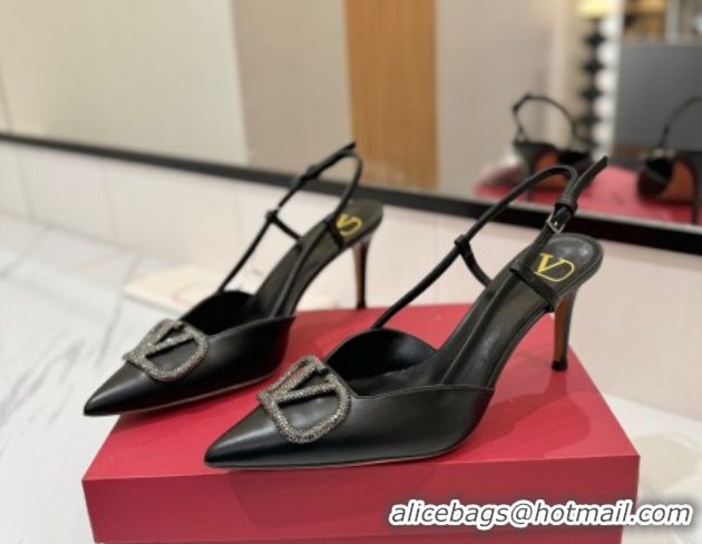Buy Luxury Valentino VLogo Signature Slingback Pumps 8cm in Calfskin with Strass Black/Grey 2025 VA082109