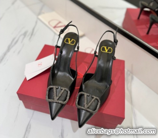 Buy Luxury Valentino VLogo Signature Slingback Pumps 8cm in Calfskin with Strass Black/Grey 2025 VA082109