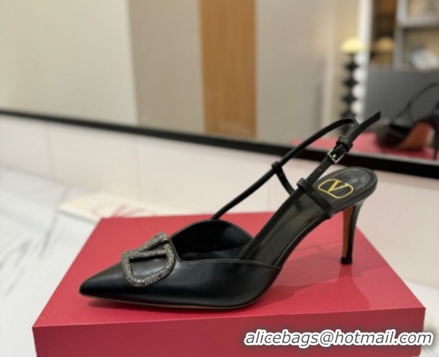 Buy Luxury Valentino VLogo Signature Slingback Pumps 8cm in Calfskin with Strass Black/Grey 2025 VA082109