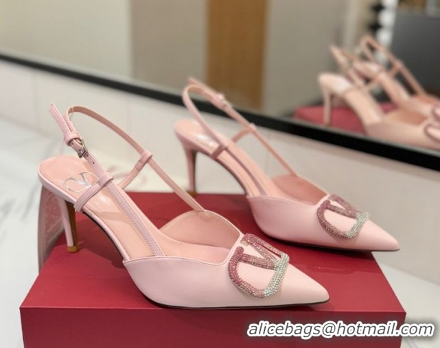 Crafted Valentino VLogo Signature Slingback Pumps 8cm in Calfskin with Strass Light Pink 2025 VA082109
