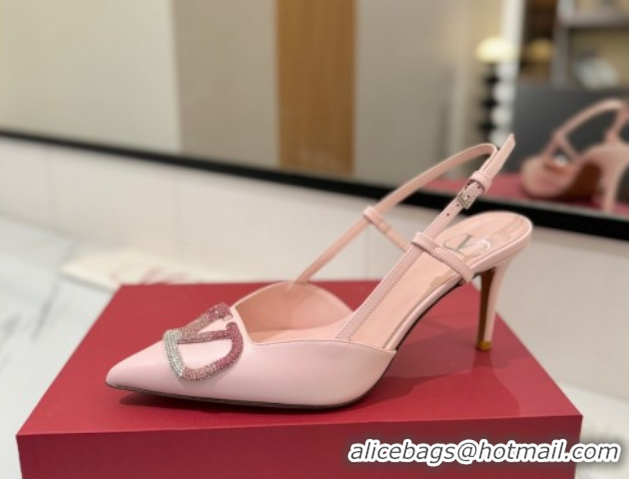 Crafted Valentino VLogo Signature Slingback Pumps 8cm in Calfskin with Strass Light Pink 2025 VA082109