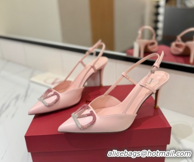 Crafted Valentino VLogo Signature Slingback Pumps 8cm in Calfskin with Strass Light Pink 2025 VA082109
