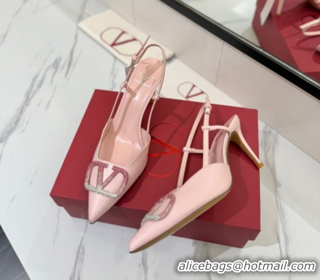 Crafted Valentino VLogo Signature Slingback Pumps 8cm in Calfskin with Strass Light Pink 2025 VA082109