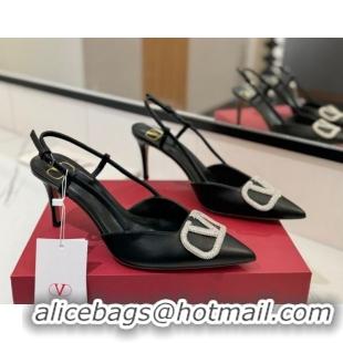 Good Quality Valentino VLogo Signature Slingback Pumps 8cm in Calfskin with Strass Black/Silver 2025 VA082109