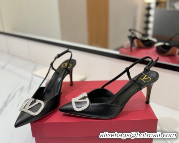 Good Quality Valentino VLogo Signature Slingback Pumps 8cm in Calfskin with Strass Black/Silver 2025 VA082109