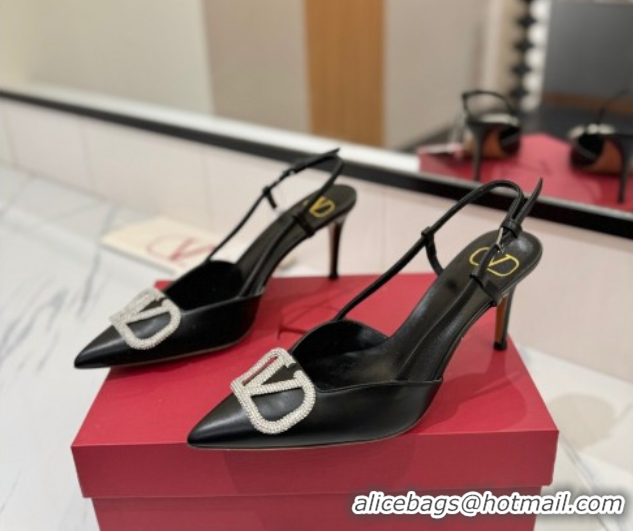 Good Quality Valentino VLogo Signature Slingback Pumps 8cm in Calfskin with Strass Black/Silver 2025 VA082109