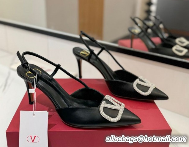 Good Quality Valentino VLogo Signature Slingback Pumps 8cm in Calfskin with Strass Black/Silver 2025 VA082109