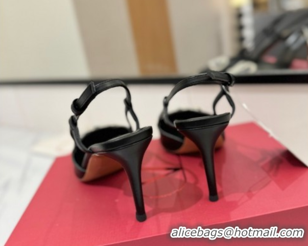 Good Quality Valentino VLogo Signature Slingback Pumps 8cm in Calfskin with Strass Black/Silver 2025 VA082109