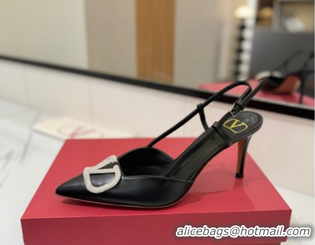 Good Quality Valentino VLogo Signature Slingback Pumps 8cm in Calfskin with Strass Black/Silver 2025 VA082109