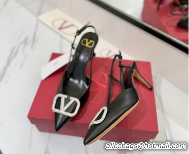 Good Quality Valentino VLogo Signature Slingback Pumps 8cm in Calfskin with Strass Black/Silver 2025 VA082109