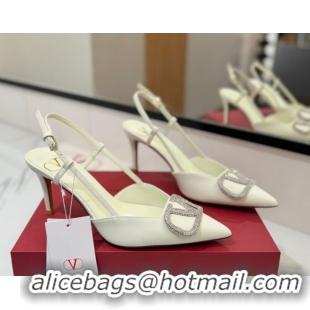 Best Product Valentino VLogo Signature Slingback Pumps 8cm in Calfskin with Strass White/Silver VA082109