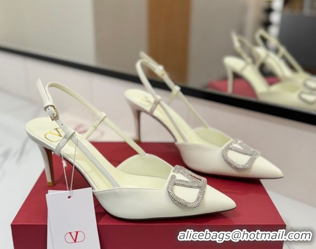 Best Product Valentino VLogo Signature Slingback Pumps 8cm in Calfskin with Strass White/Silver VA082109