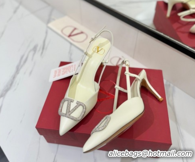Best Product Valentino VLogo Signature Slingback Pumps 8cm in Calfskin with Strass White/Silver VA082109