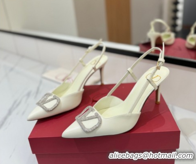 Best Product Valentino VLogo Signature Slingback Pumps 8cm in Calfskin with Strass White/Silver VA082109