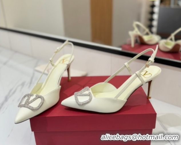 Best Product Valentino VLogo Signature Slingback Pumps 8cm in Calfskin with Strass White/Silver VA082109