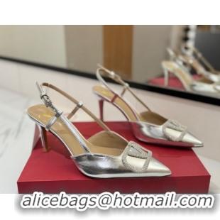 Shop Duplicate Valentino VLogo Signature Slingback Pumps 8cm in Calfskin with Strass Silver-Tone VA082109