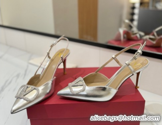 Shop Duplicate Valentino VLogo Signature Slingback Pumps 8cm in Calfskin with Strass Silver-Tone VA082109