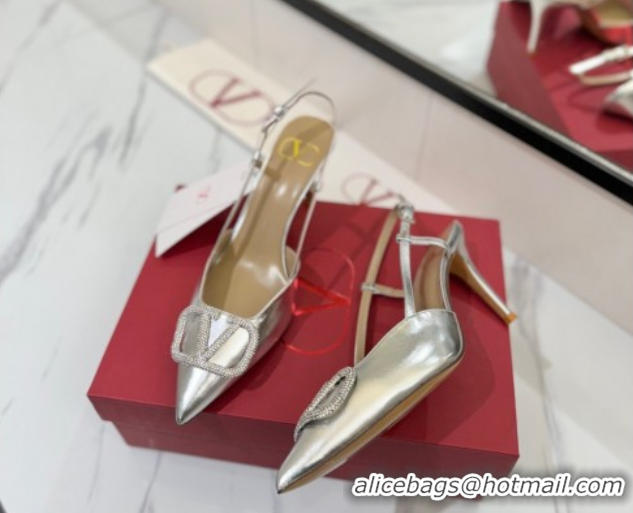 Shop Duplicate Valentino VLogo Signature Slingback Pumps 8cm in Calfskin with Strass Silver-Tone VA082109